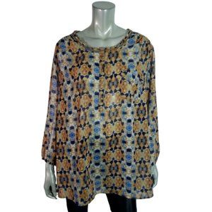Nine West‎ Top Plus Size 3X High Low Beaded Semi Sheer Pocket Long Sleeve Blue